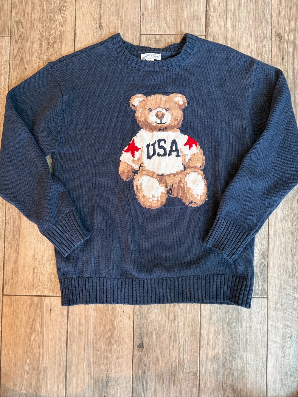 Mighty Fine Navy Blue Teddy Bear USA Sweater Size M Women’s